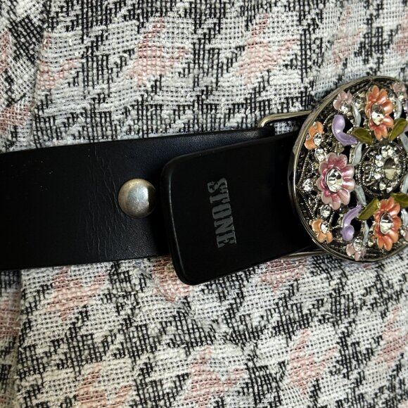 Volcom Large Belt Women's Dark Brown Leather XL Multicolor Floral Enamel Crystal - Picture 9 of 12